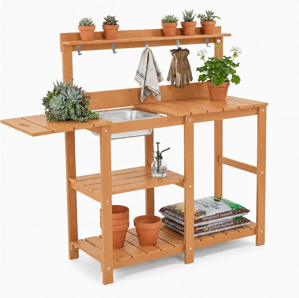 Outdoor Garden Potting Bench Table with Storage Hooks