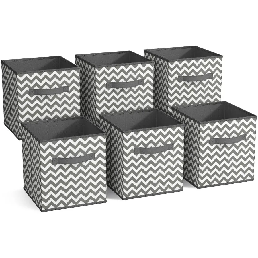 

Foldable Fabric Cube Storage Basket Bins for Adults and Chevron Gray/White, 6-Pack