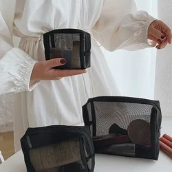 Sac à cosmétiques en maille transparente pour femmes, trousse de maquillage noire, trousse de toilette portable de voyage, porte-rouge à lèvres, étui de rangement pour poudres