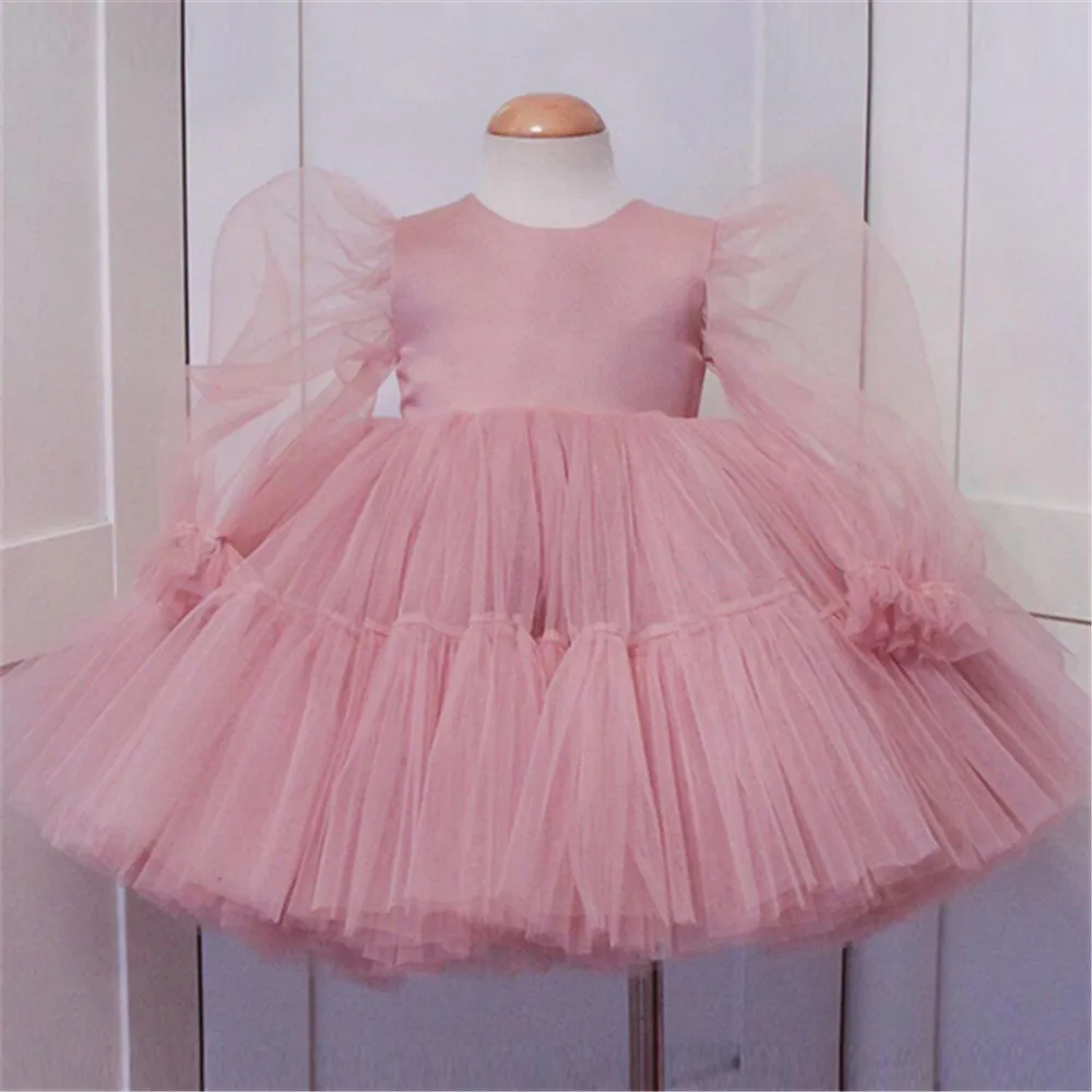 

Long sleeve Pink Flower Girl Dresses Tulle Pearls Girl Party Dress Kid Birthday Dress Puffy Princess Dress Satin Communion