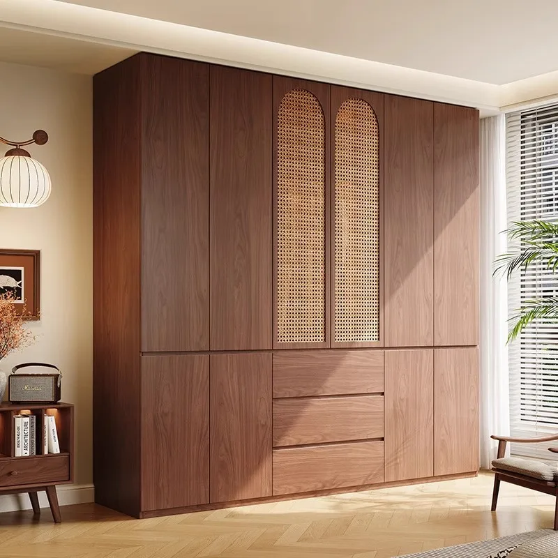 Medieval style all solid wood wardrobe, walnut oak rattan weaving craftsmanship, split door segmented no handle wardrobe