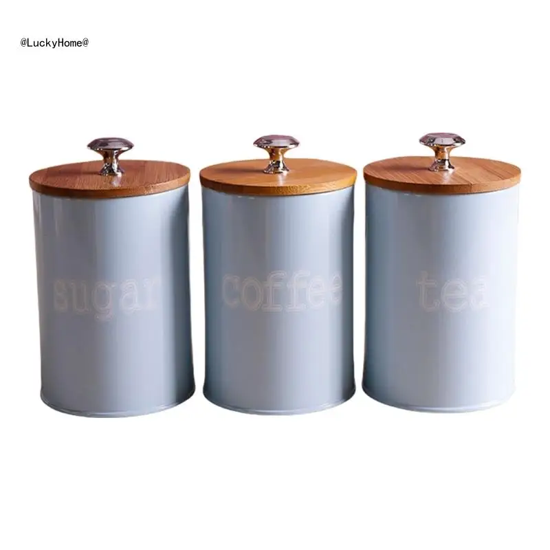 

Pack of 3 Decorative Kitchen Storage Canister Home Essential Blue Bambood Lid Storage Jars Coffee Tead Sugar Storage 11UA