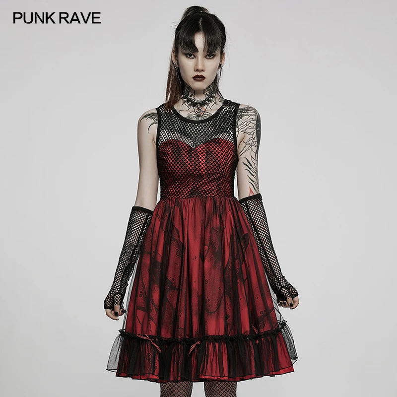 Punk Rave Lolita Red Dark Sexy Women Dress Printed Mesh Spliced Woven Dress with Gloves Party Club Small Bows Playful