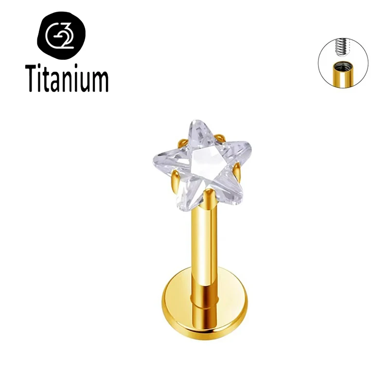 ASTM F136 G23 Titan 16G 18G Stern CZ Innengewinde Flat Back Labret Knorpel Tragus Helix Nasenstecker Piercing Lippenringe – Detail 3