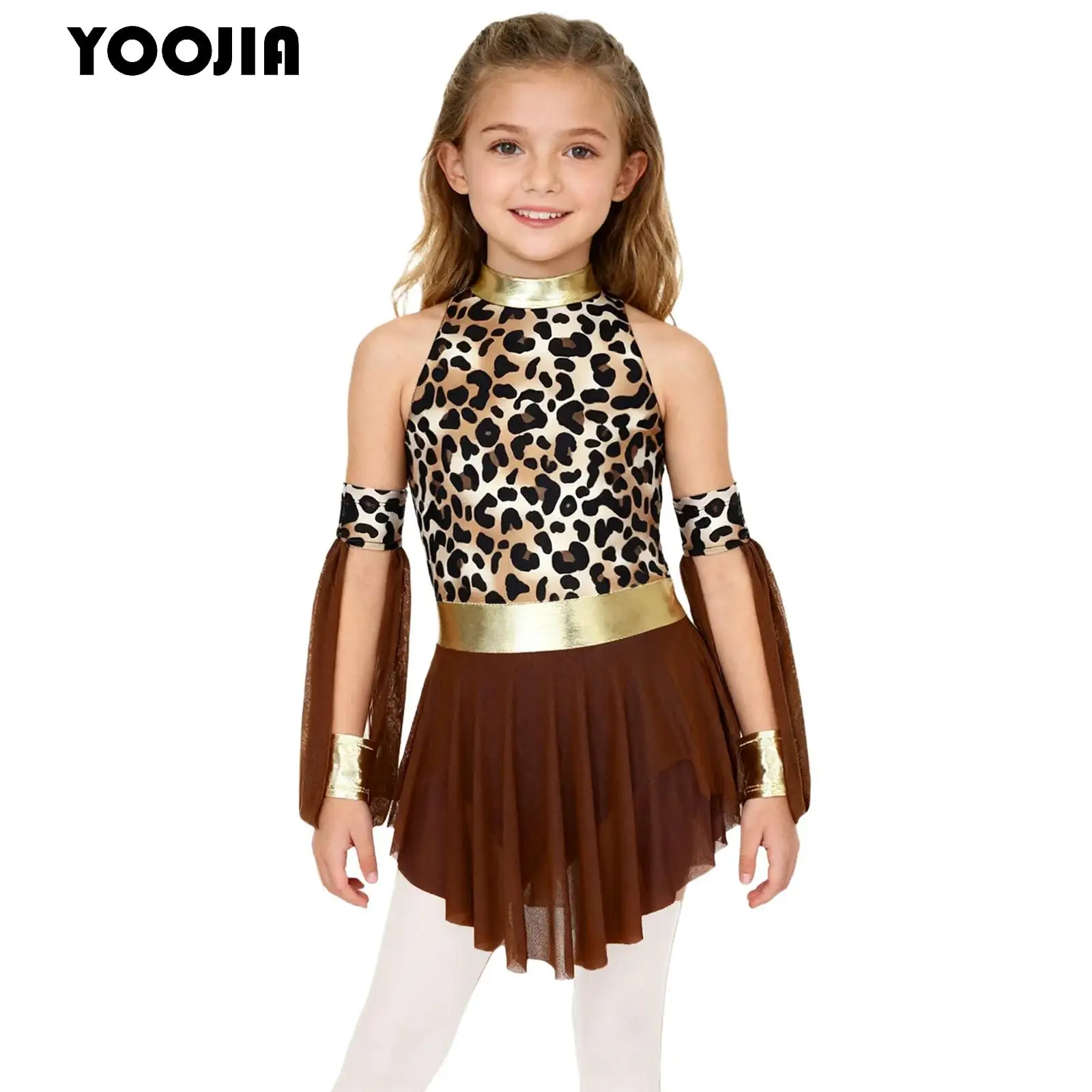 

Kids Girl Halloween Prehistoric Cave Costume Leopard Print Mock Neck Sleeveless Leopard Dress Carnival Party Performance Outfits