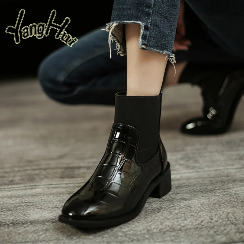 Thick Heel  Chelsea Boots Women Pu Splicing Stretch Fabric Non-slip British Style Modern Shoes 2023 New Spring Autumn