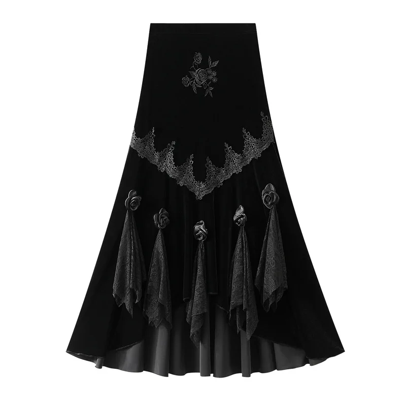 Retro design with black embroidery A-line skirt, women's high waisted ghost velvet Gothic fishtail skirt, mid length skirt