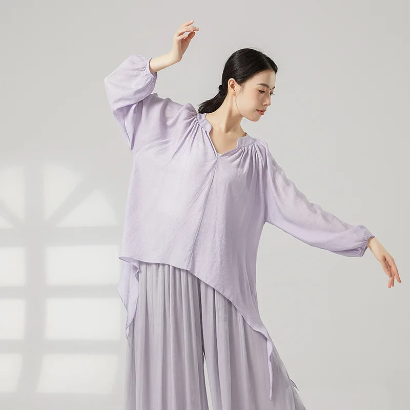 

Women’s Modern Dance Shirt Loose Puff Sleeves Breathable V Neck Yoga Cover Up Rayon Soft Classical Dance Training Adult Costume
