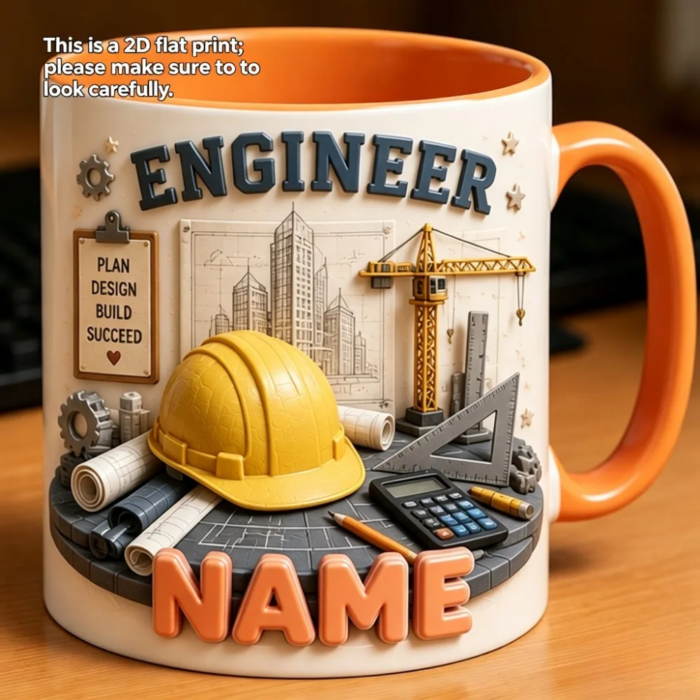 Creatieve keramische koffiemok met een technisch thema, platte 2D-print met een constructiepatroon van een veiligheidshelm, gepersonaliseerde mok met naam als cadeau.