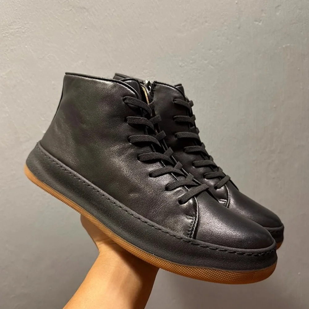 

QHCCID Handmade Cowhide High-Top Boots Men Shoes Genuine Leather Casual Fashion Office Derby Sport Shoes Male Ankle Boots