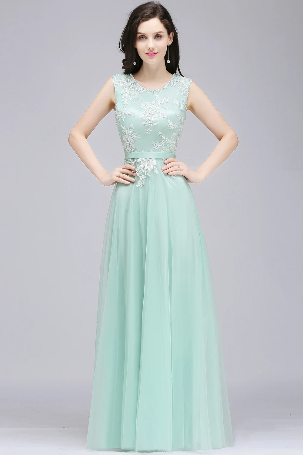 BABYONLINE Mint Green Bridesmaid Dress  Lace Floral Appqulies Sleevless Chiffon Skirt Wedding Guest Formal Dress Eleagant Gown