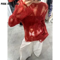 Solid Kpop Y2K Women's Sweater Harajuku Knitwear Hole Kint Spring Oversize Jumper Hollow Out Pullovers Vintage Streetwear Gyaru