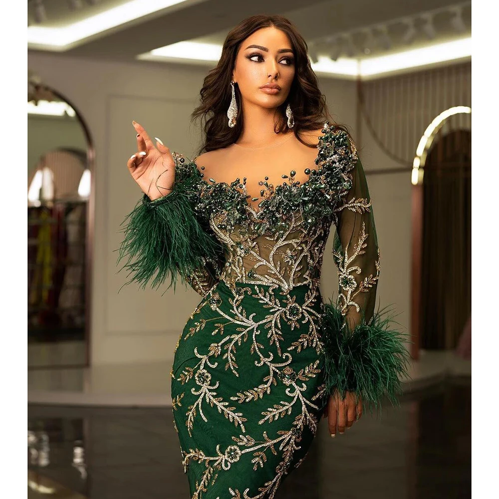 Luxury Mermaid Crystal Beading Evening Dresses Green Applique Feather Banquet Gowns Custom Made Robe De Soirée