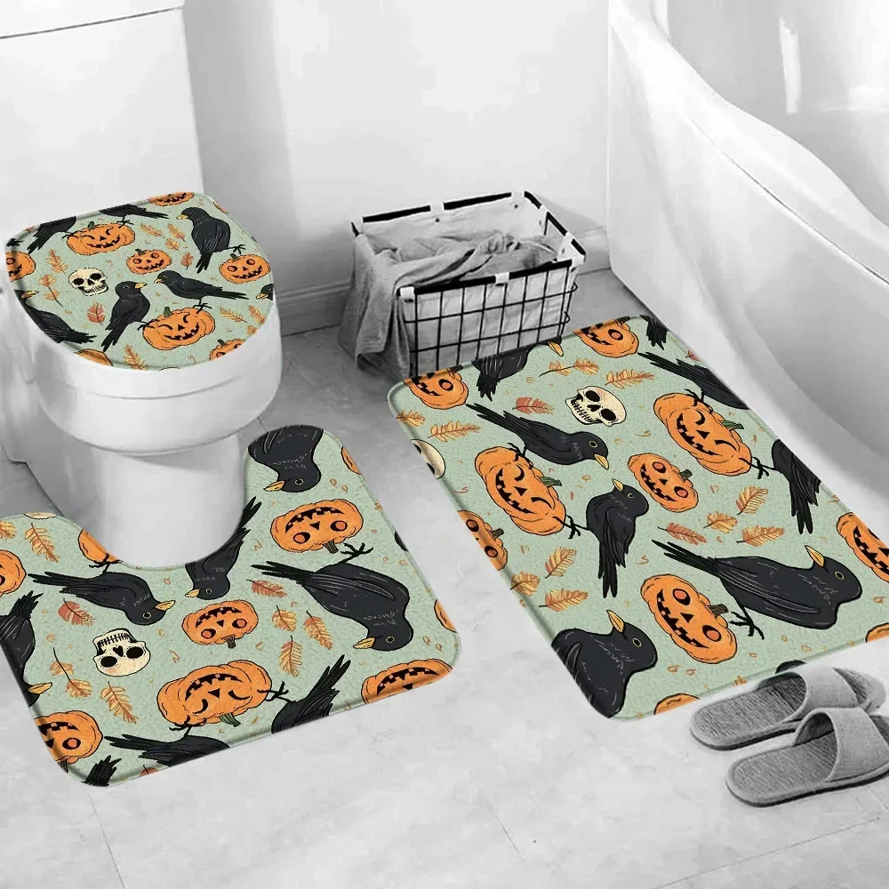 Flower Skull Autumn Pumpkin Bathroom Rug Set Horror Artist Home Footrest Bathroom Mat Toilet Cover Bathroom Decor Accessories