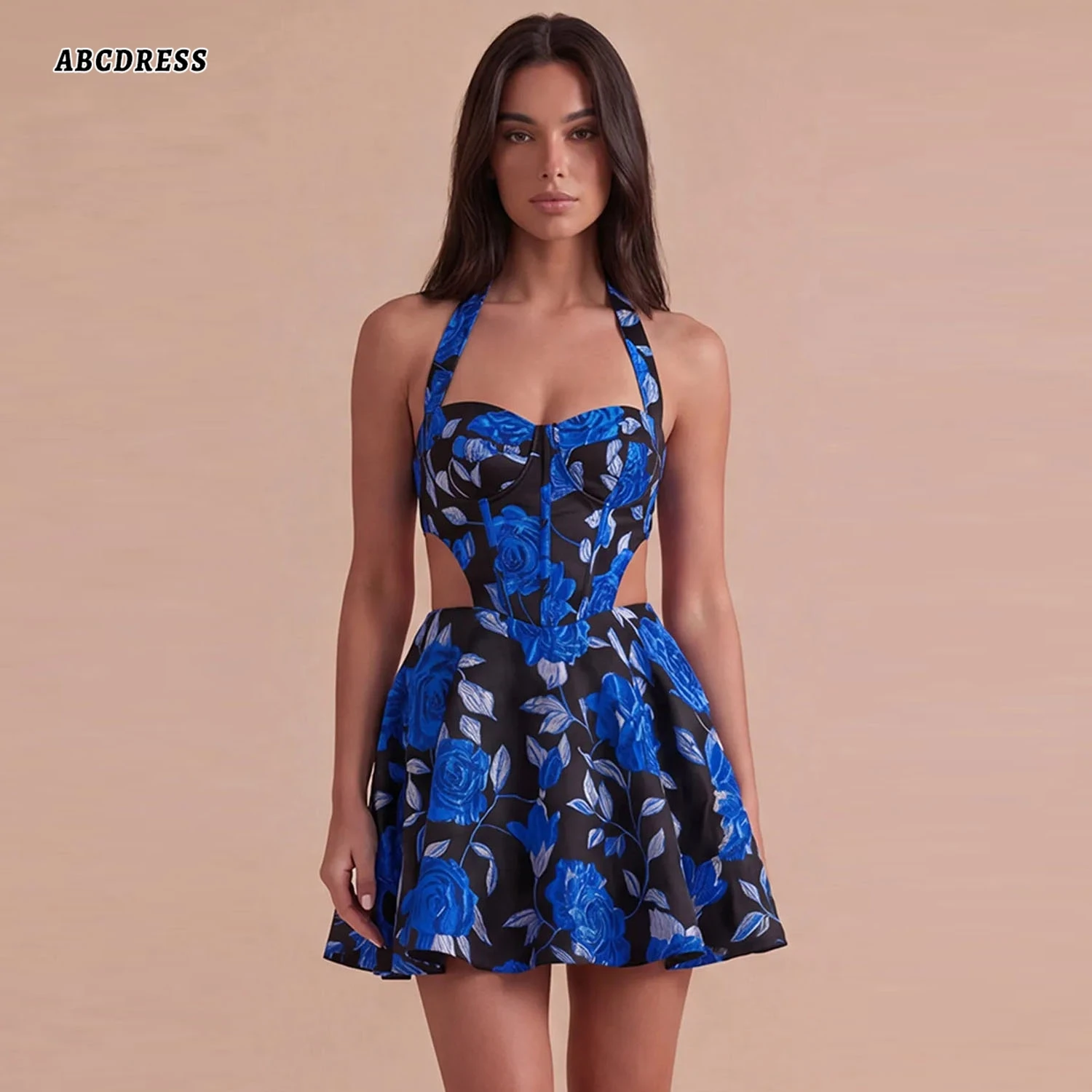 Customized Blue Black Floral Homecoming Dress Halter A Line Mini Cocktail Party Dresses Corset Waist Cutout Prom EveningGown