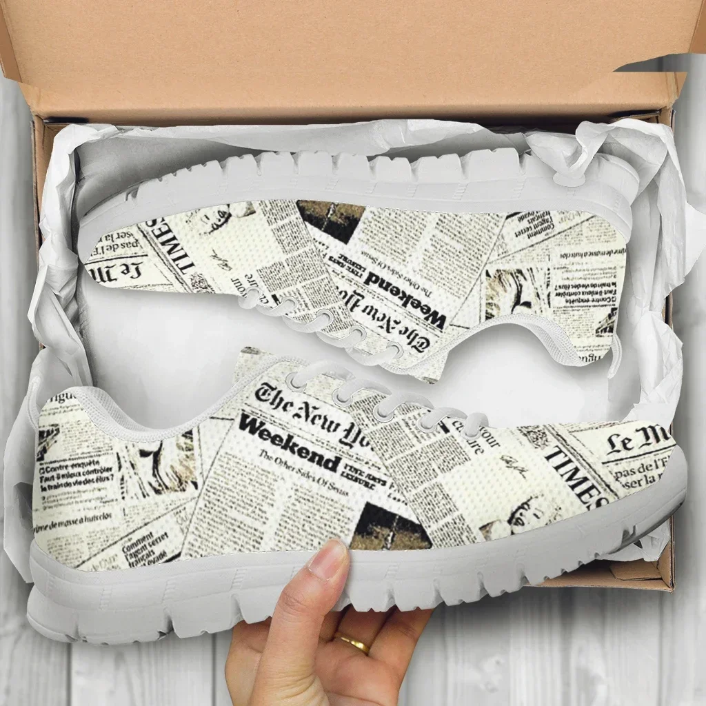 New Fashion Newspaper Printed Ladies Flat Shoes Breathable Lace Up Casual Sneaker Women Soft Zapatillas Hot