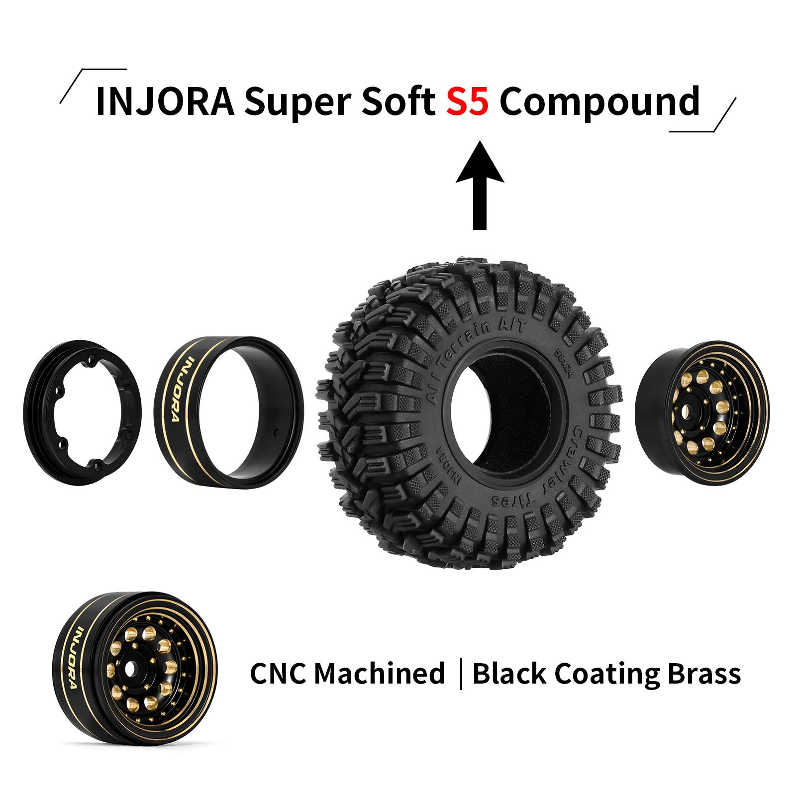 INJORA Schwarz beschichtetes Messing 1,0" Beadlock-Radreifen-Set für 1/24 1/18 RC Crawler Car Axial SCX24 AX24 TRX4M FCX24 – Detail 5