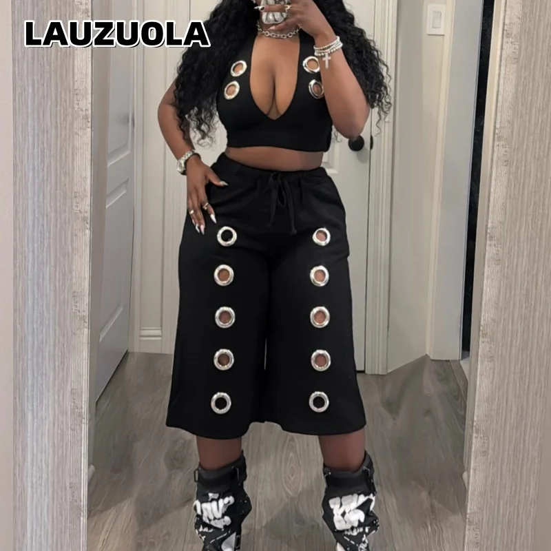Women 2 Piece Outfits Metal Eyelet Deep V Neck Sleeveless Crop Top Drawstring Wide Leg Capri Pants Set Streetwear Hip Hop Outfit