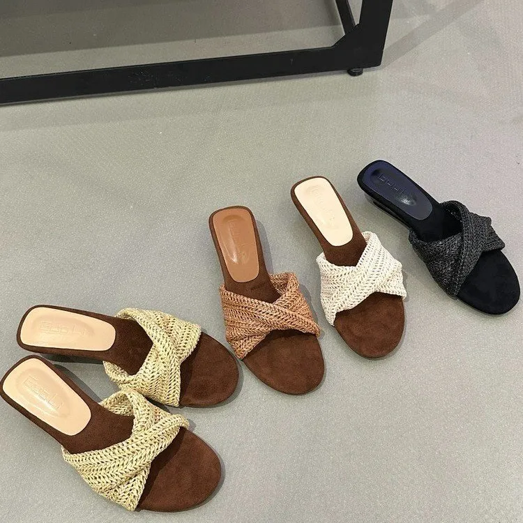 

2026 New Summer Fashion Fabric Low Heel Women's Open Toe Slippers Solid Color Casual Non-Slip Wedge Slippers Zapatos De Mujer
