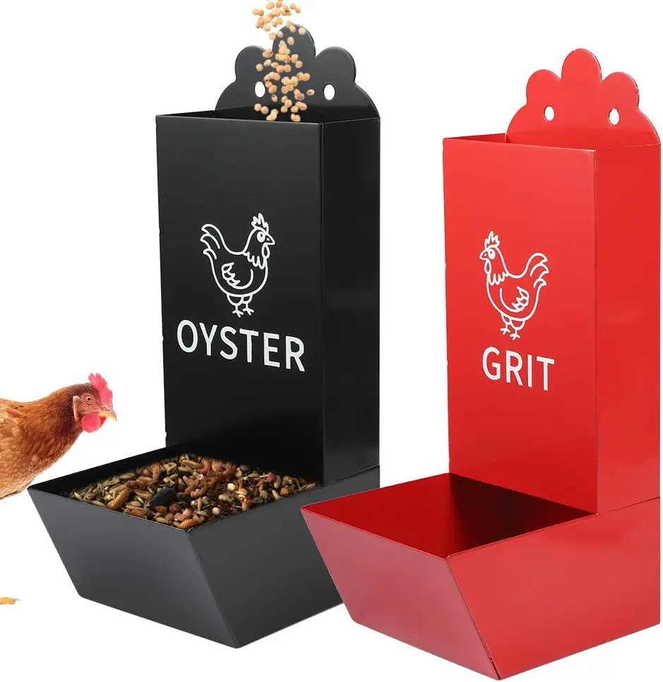 

2 Pack Metal Chicken Feeder Oyster Shell and Grit Feeder Hanging/Ground Coop Feeder with Durable Iron Construction Hens & Chicks