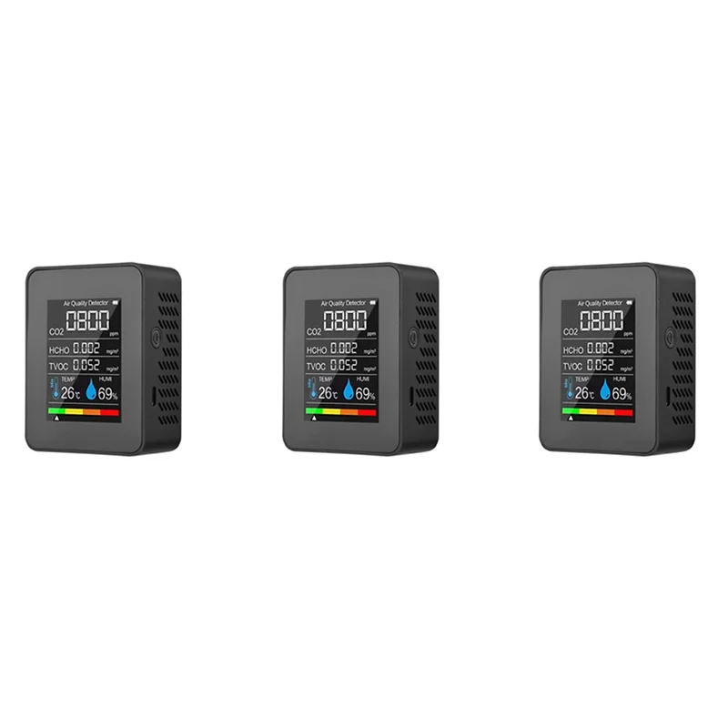 

A96I-3X 5 In 1 Air Quality Monitor TVOC HCHO Temperature Humidity CO2 Meter, USB Rechargeable CO2 Detector Black