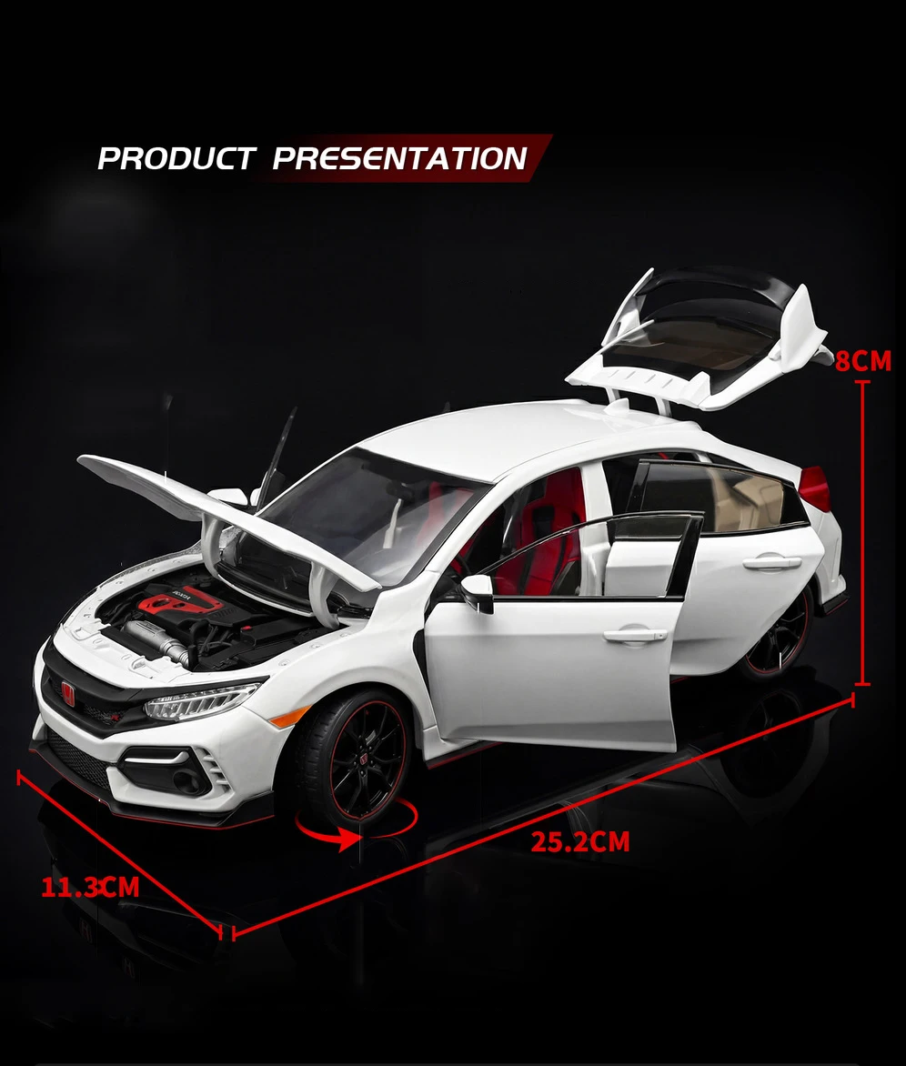 Large Size 1:18 HONDA CIVIC TYPE-R FK8 Hatchback Alloy Sports Car Model Diecasts Metal Track Racing Car Vehicles Model Kids Gift