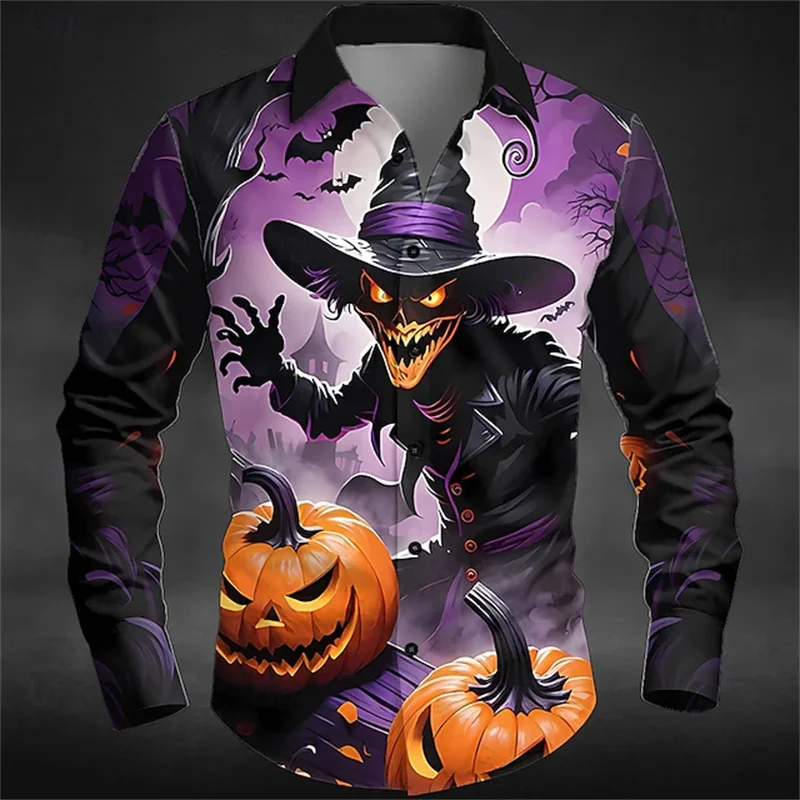 

Halloween Long Sleeve Shirts For Men 3D Print Gothic Pumpkin Pattern Button Lapel Clothes Autumn Winter Festival Party Man Shirt