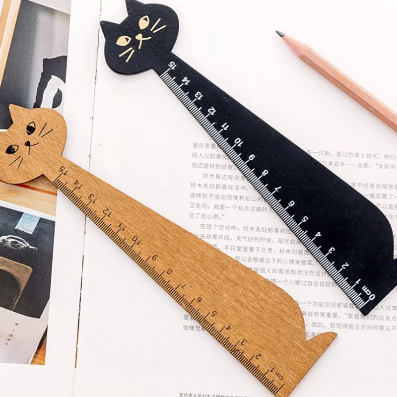 Creative Cat Wooden Ruler Graduated Ruler 15cm Drawing Tools Student Stationery Office Measuring Tools Cartoon Gift