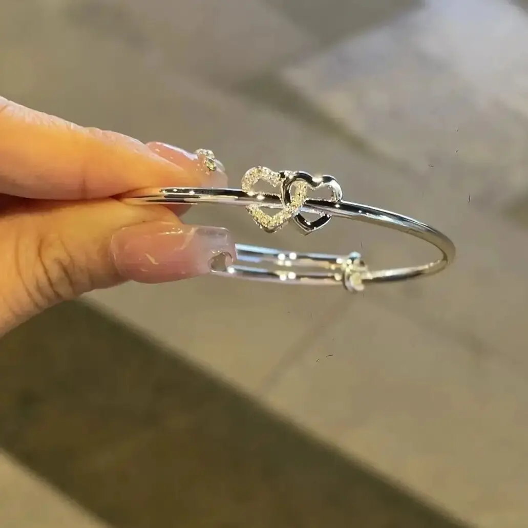 1PC/Set Interlocking Double Heart Rhinestone Push-Pull Adjustable Bangle Bracelet For Couple Party Daily Wear Birthday Gift