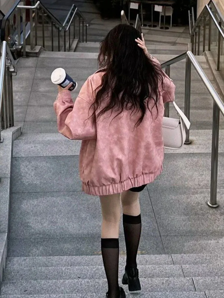 Pink Collar Suede Jacket For Women In Spring 2024 Leather Jacket Top Women Jacket New In Coats Leather Jacket Women Outerwears