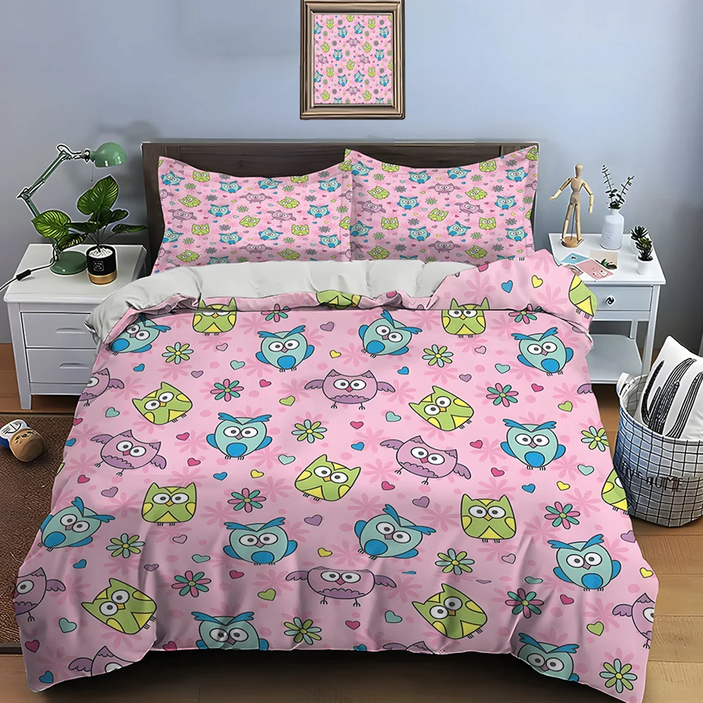 

Cartoon owls pink background Pattern Duvet Cover Set Digital Print Colorful Polyester Bedding with Zipper Closur for kids gift