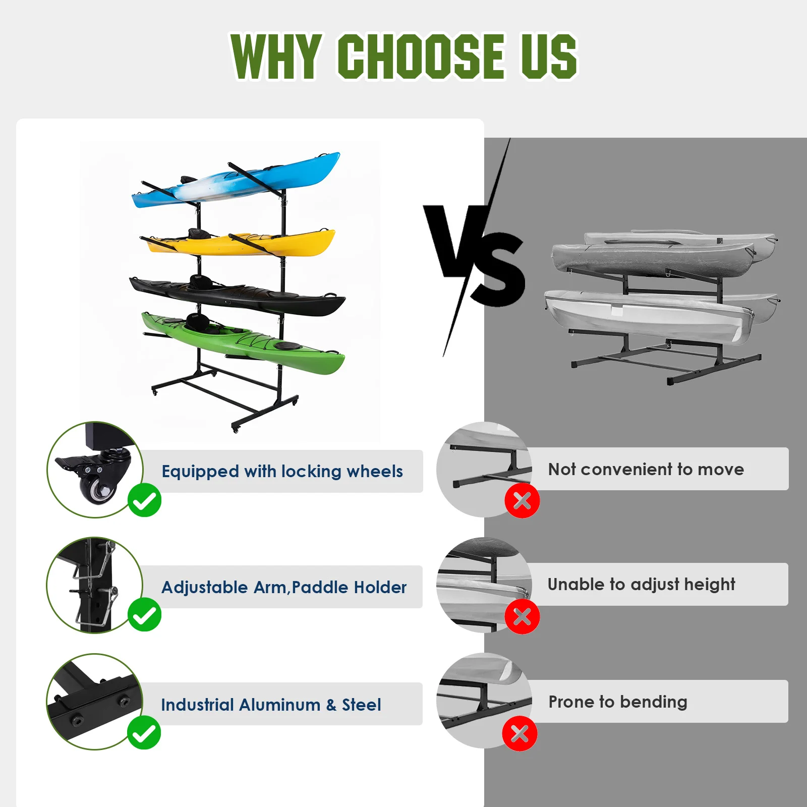 4-Tier Kayaks Storage Rack Adjustable Arms and Paddle Holders Metal Kayak Racks 400lbs Reinforced for Garage Dock Or Seaside Use