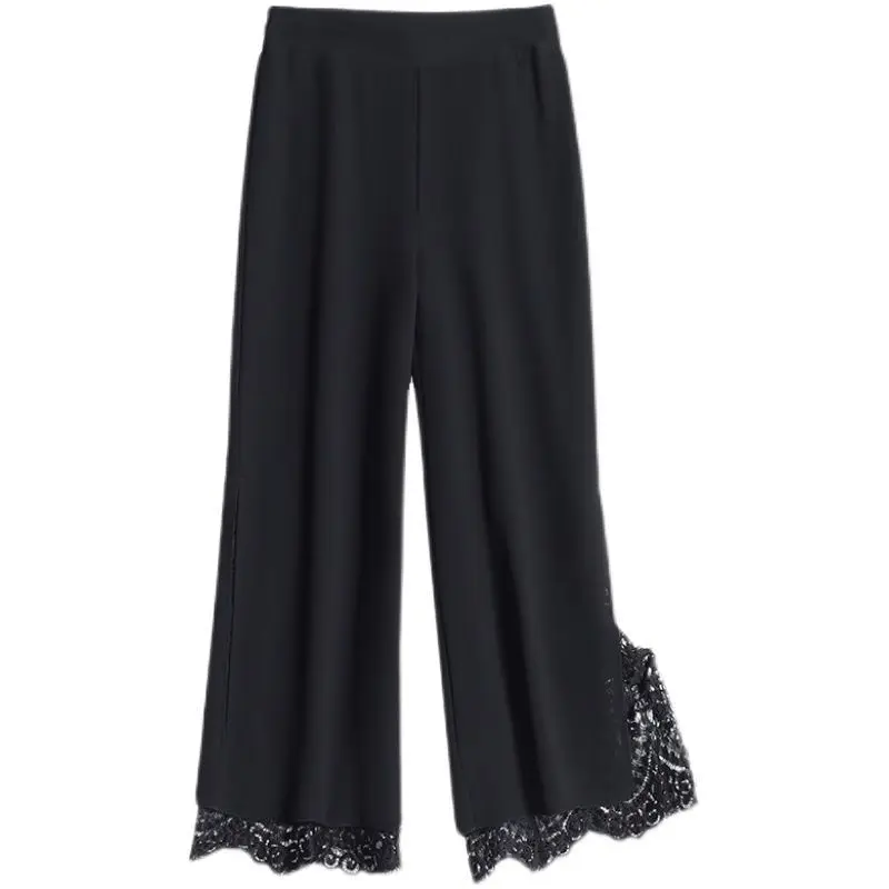 Women Split Lace Patchwork Elegant Straight Wide Leg Cropped Trousers Female Summer Black Loose High Waist Thin Pants Pantalones