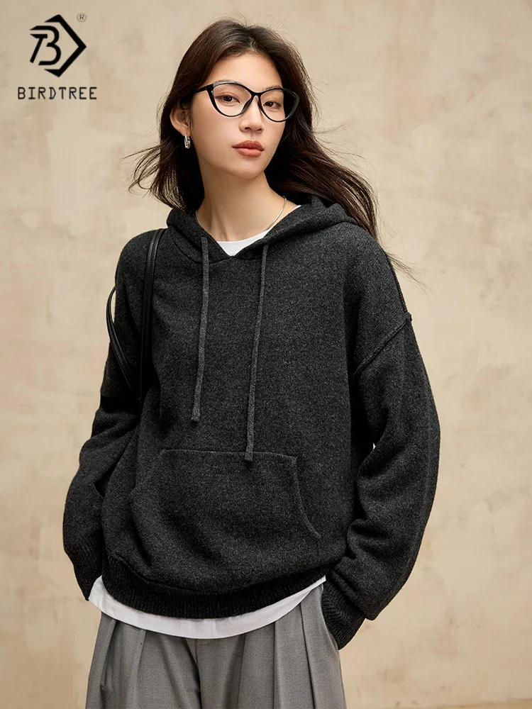 

Birdtree, вязаный свитшот из 100% овечьей шерсти, женский свободный свитер с капюшоном на шнурке, осенний повседневный пуловер 2025, серый, коричневыйT5N802JF