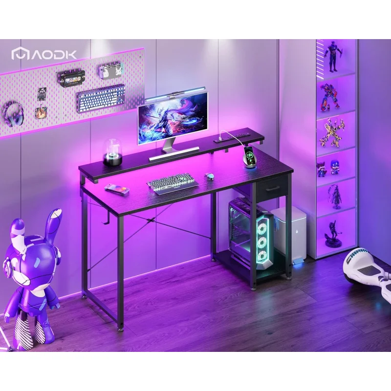 Gaming Desk with LED Lights & Power Outlet, 48 Inch Computer Desk with Drawer, Reversible Desk with Adjustable Monitor Shelf &