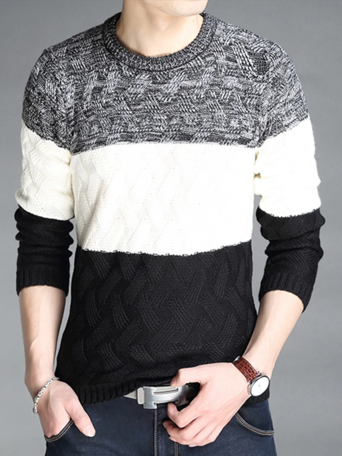 패셔너블한 니트 긴팔 라운드넥 풀오버 스웨터 남성용 슬림핏 컬러 블록 디자인 가을 겨울 캐주얼 탑