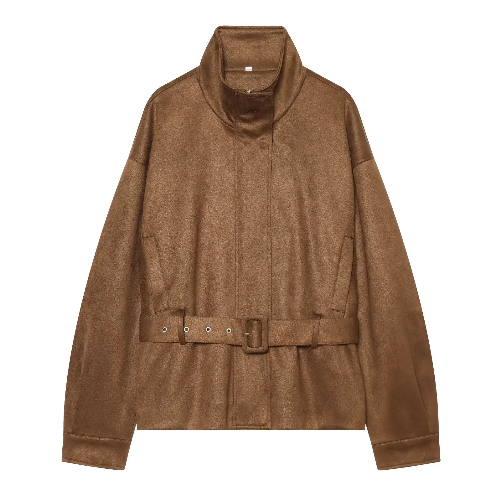 2026 Women's Leather Jacket classic commuter style With Belted New Autumn High Neck Long Sleeve Zipper Pocket Winter Coat