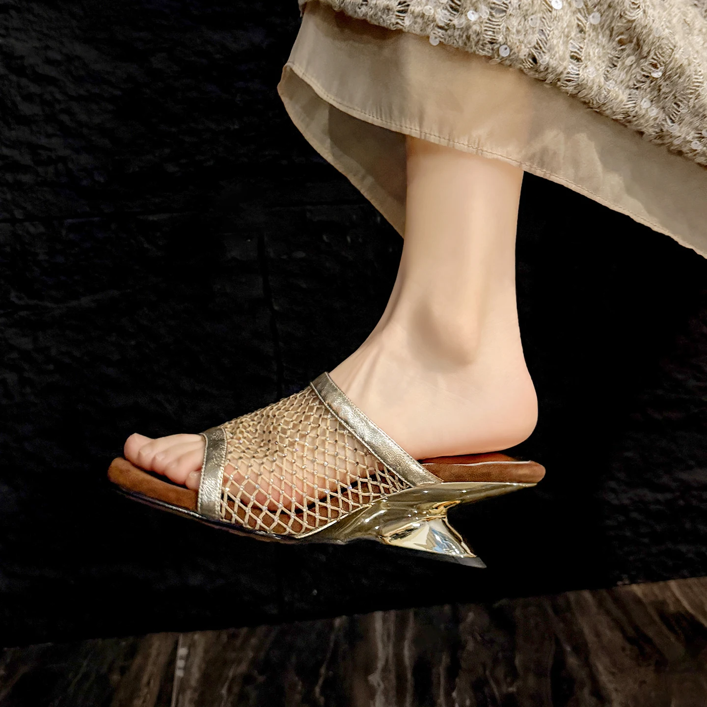 2026 new summer women sandals natural leather 22-24.5cm cowhide+mesh+pigskin+sheepskin hollow-out mules high heel women slippers