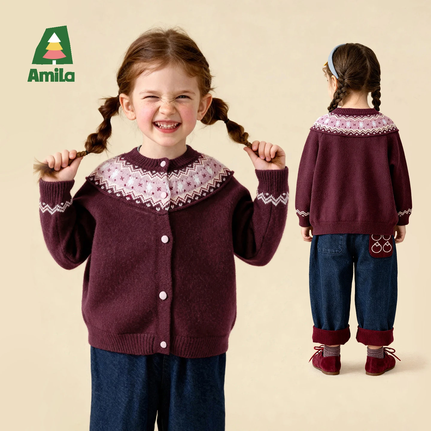 

Amila Kids 2025 зимний вязаный кардиган для девочек в скандинавском стиле в стиле ретро с геометрическим узором, жаккардовый утолщенный теплый, приятный для кожи