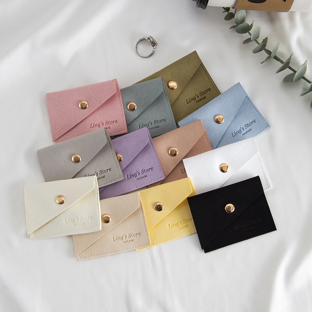 50pcs Lovely Personalized Logo Bevel Microfiber Jewelry Snap Bag For Earring Ring Box Necklace Bracelet Packaging Gift Organizer
