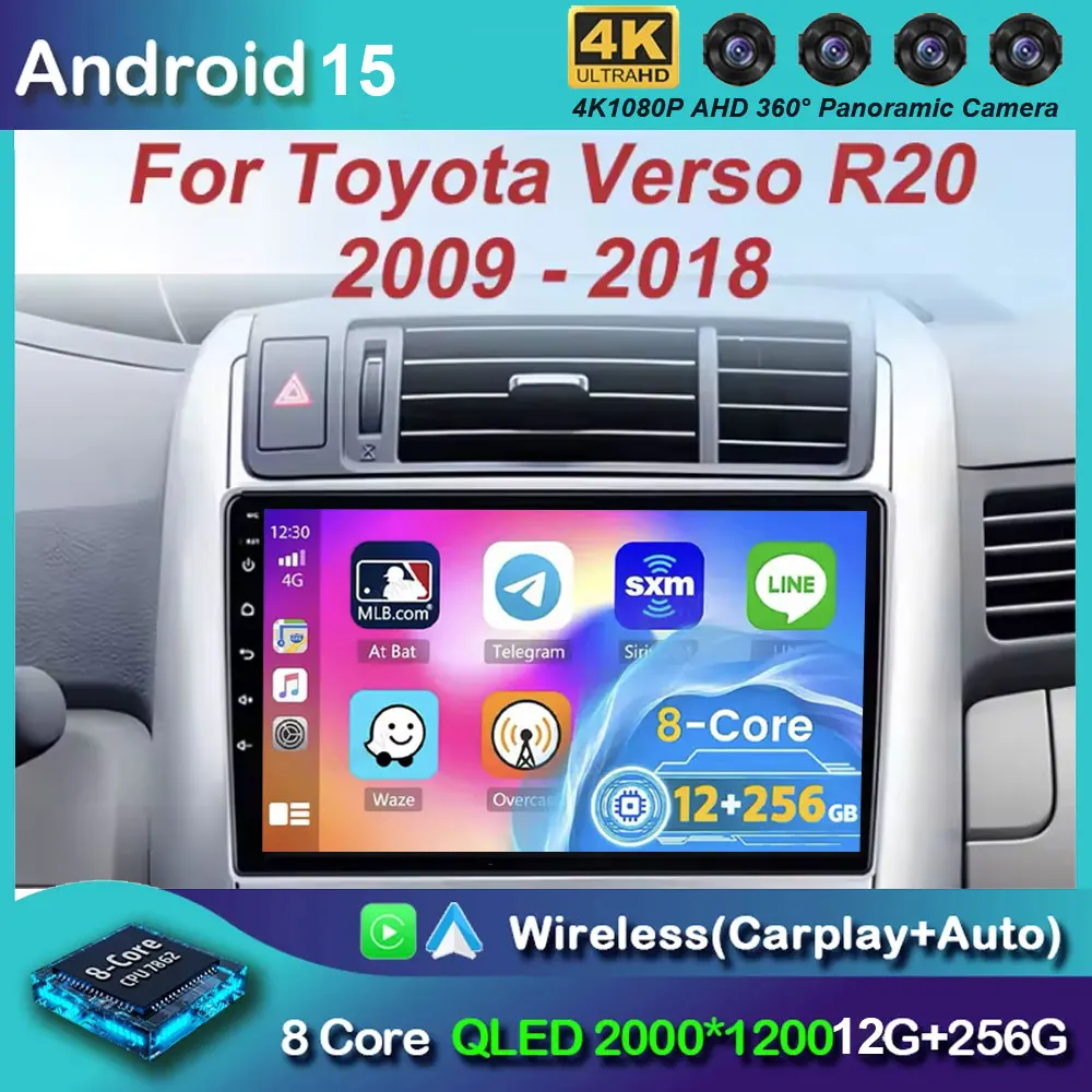 Carplay Auto Android 15 para Toyota Verso R20 2009 - 2018 Radio de coche reproductor de vídeo Multimedia navegación GPS No 2Din 2 Din DVD Wifi