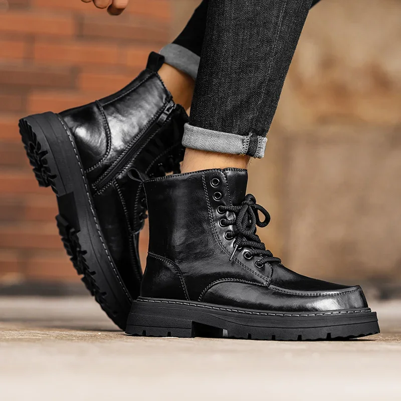 Botas masculinas pretas outono e inverno clássico design minimalista estilo lazer negócios escritório ao ar livre sapatos de caminhada da motocicleta -45