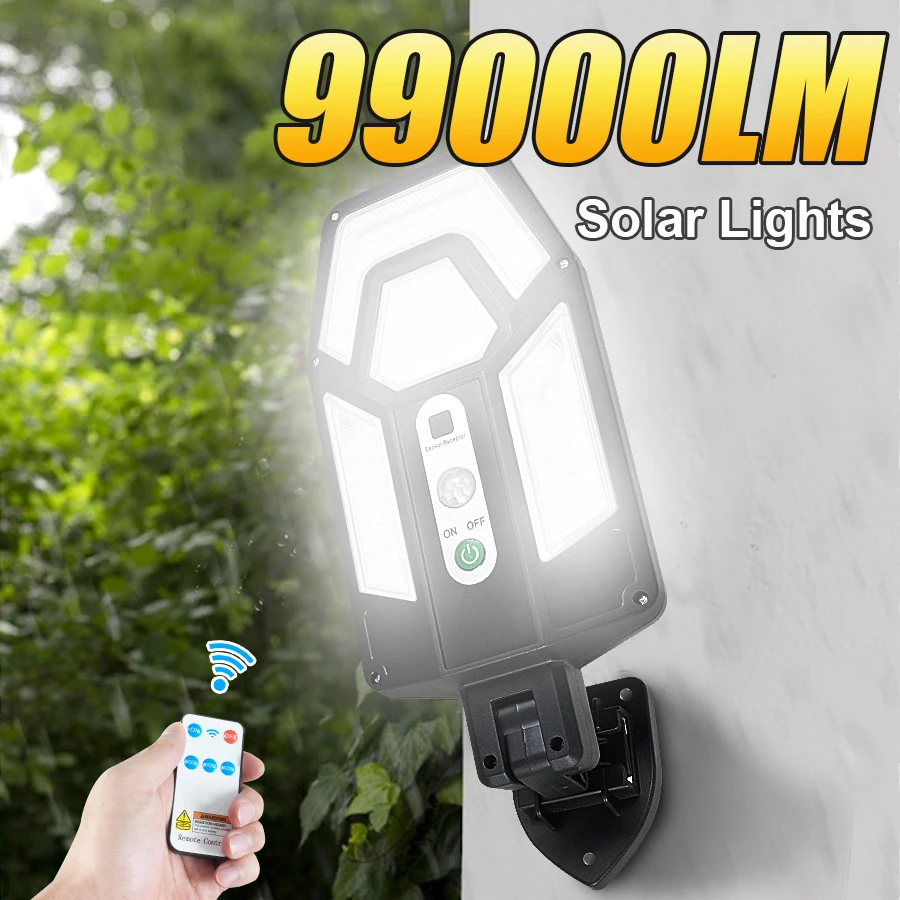 

Солнечная лампа для улицы 99000LM 320 ° Солнечный настенный светильник с датчиком движения, светодиодные садовые фонари, IP65, водонепроницаемые, для улицы и двора