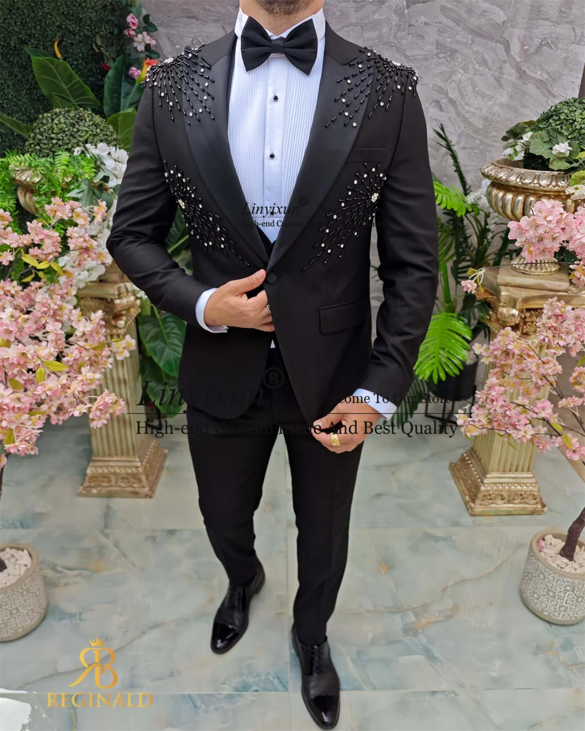 Formal Black Men Suit Luxury Beaded Crystal Groom Wedding Tuxedos Party Male Prom Blazers 3 Pieces Sets Customized Costume Homme