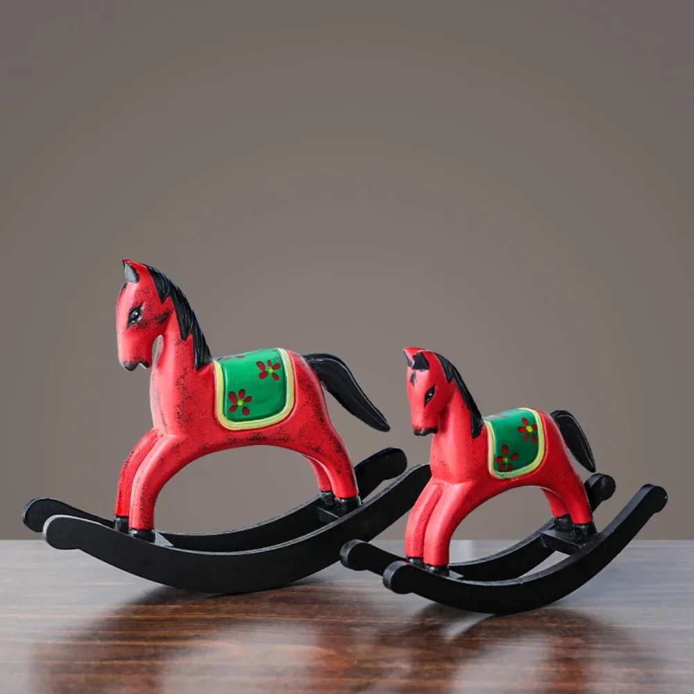 

Creative Wooden Red Rocking Horse Sculpture Ornaments Living Room Entrance Office Tabletop Animal Display Crafts Christmas Gifts