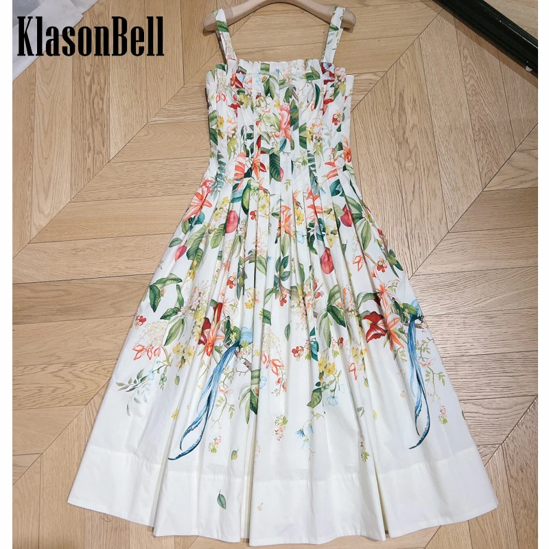 

5.9 KlasonBell Elegant Cotton Print Suspender Sleeveless Dress Women Pleated Square Collar Collect Waist Side Pocket Long Dress