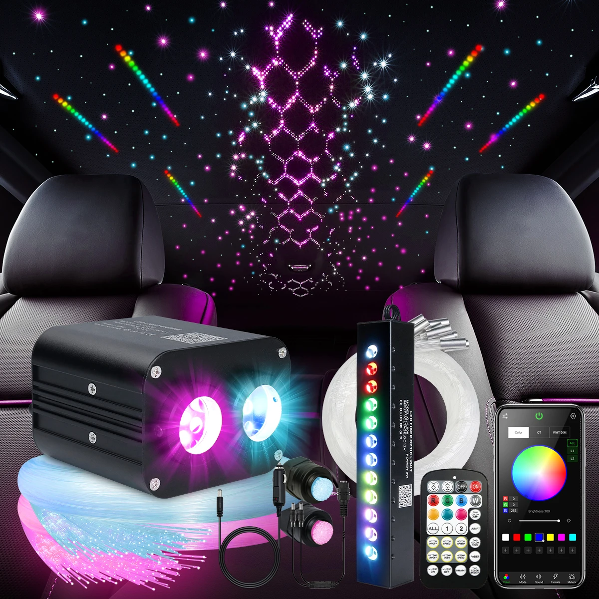 

20W Flashing Car Top Star Light with RGB Meteor Music APP control Fiber optic star ceiling light Home ceiling kit