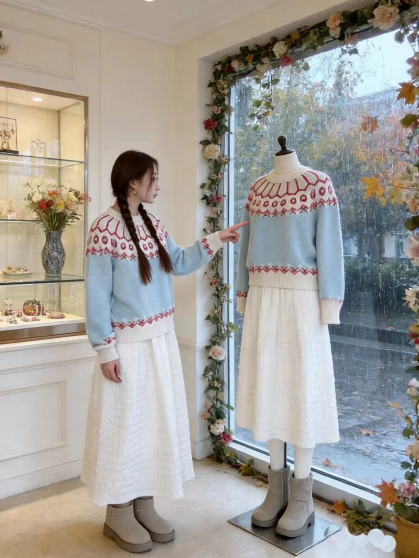 

Корейский комплект из двух предметов в стиле Fair Isle: женский утягивающий топ и юбка с цветовыми блоками, весенняя новинка, юбка с высокой талией для создания молодящего образа