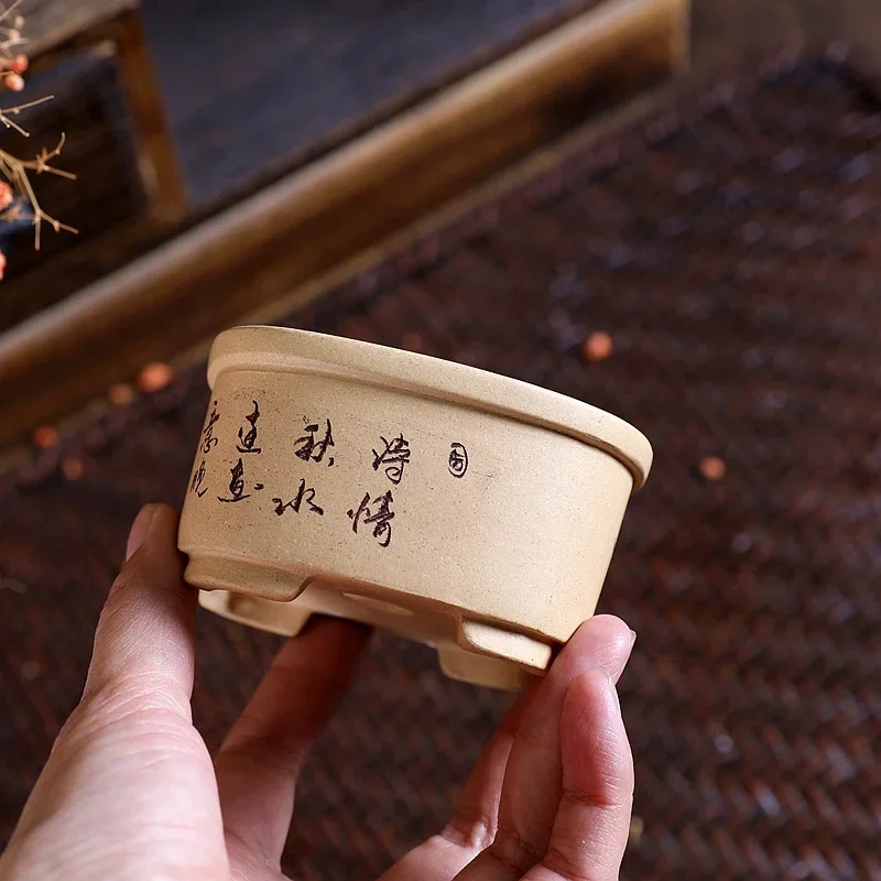 Ceramic Handmade Carved Round Square Pottery Bonsai Pot Tradition Chinese Pattern Cubicles Desk Office Table Garden Decoration