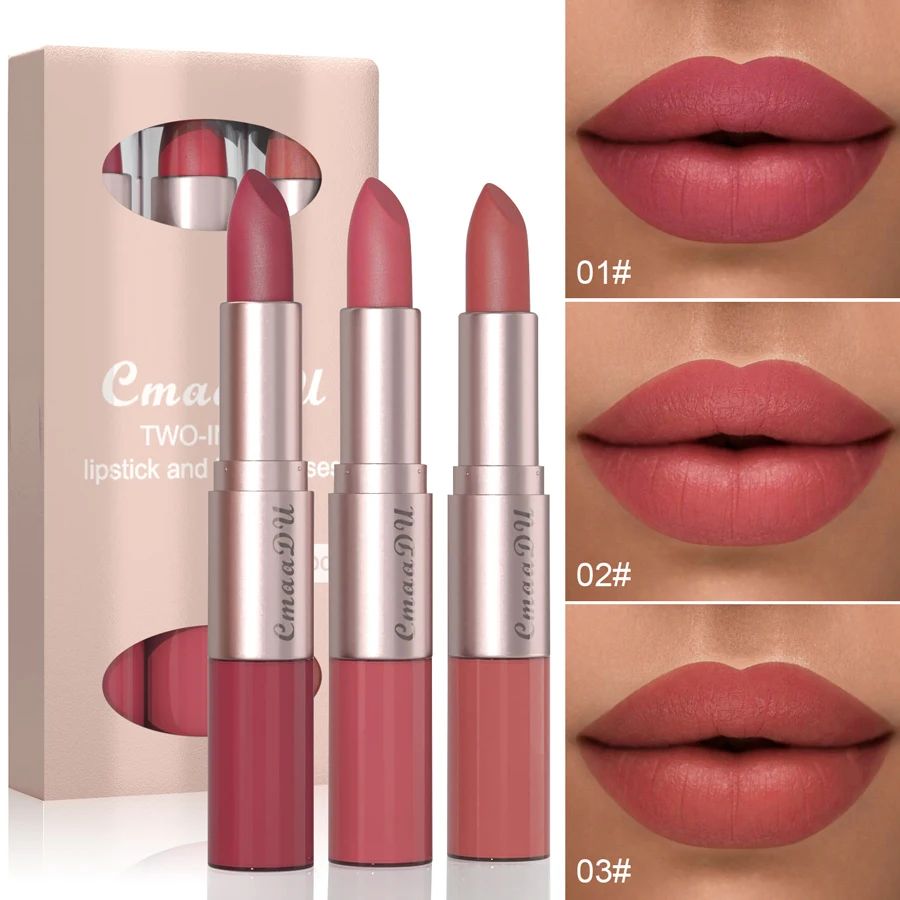 3-Pcs Long Lasting Velvet Matte Lipstick Double Head Lip Gloss Non-stick Cup Lip Gloss Tint Plumper Waterproof Lipstick Makeup